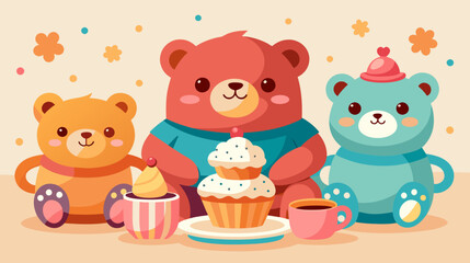 Naklejka premium Cute cartoon bears enjoying cupcakes and coffee together, vector illustration