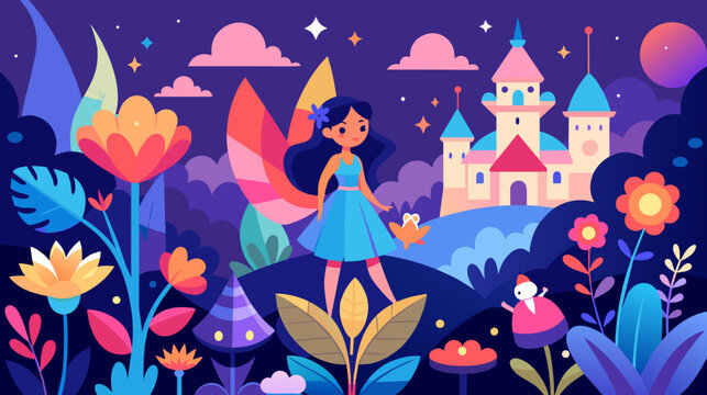 Enchanting fairy tale scene with fantasy castle and fairy character