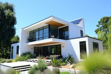 modern white facade of a house, geometric, sleek, solar panels