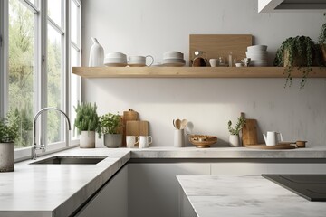 In the background of a white kitchen with a sink and kitchenware, a shelf, and a window is a countertop made of gray concrete. product display mockup copy space