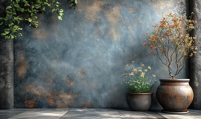 Fototapeta na wymiar Plants in flower pots against the wall.