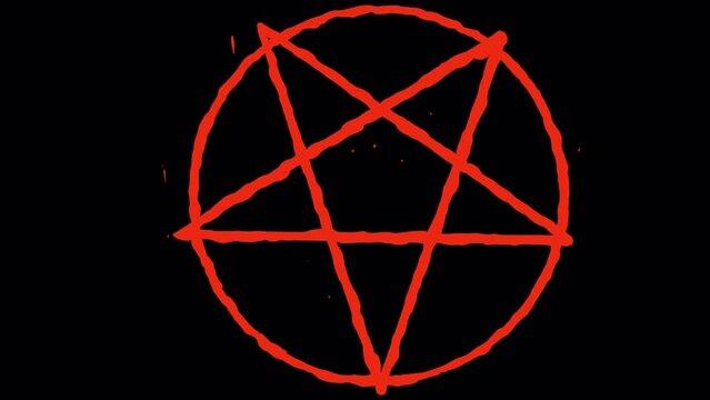 Video transition with devil pentagram on black screen. Occult bloody sign with blood demon face. Stock mystic video clip in 4K with alpha channel. Black magic animation.