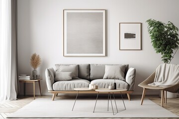 Mockup of a blank horizontal poster on a white wall in a living area