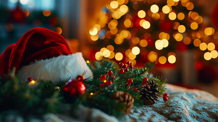 Beautiful Christmas composition with burning candles and Santa hat on blurred background