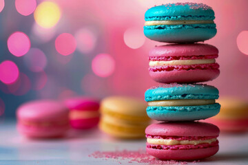 Stack of colorful macarons with pastel colors.