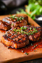 Three steaks with herbs and spices on them are placed on wooden table or cutting board.