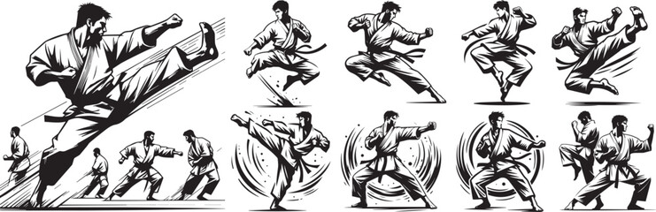 Karate warriors, silhouettes of athletes in kimono