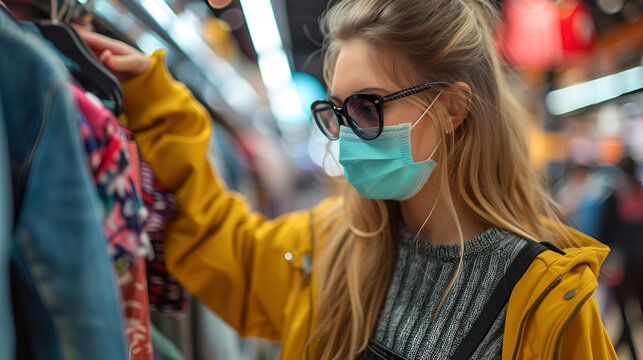 Woman in medical mask choosing clothes in outlet store. generative ai