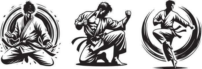 Karate warriors, colorless vector graphics