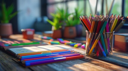 Wooden Table Covered With Assorted Pens and Pencils, Back to school