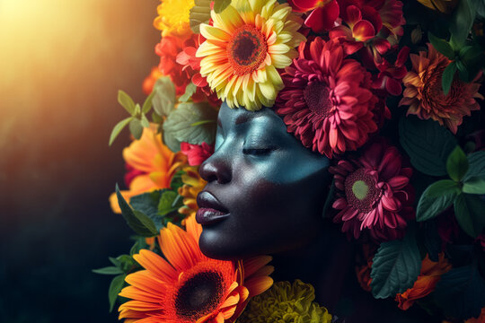 AI Generated Image of beautiful black woman wearing colorful flower traditional African turban on a blurred background