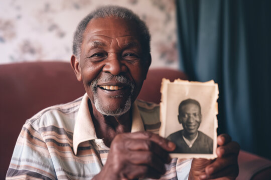 AI Generated Image of senior black man holding old photograph of her younger self