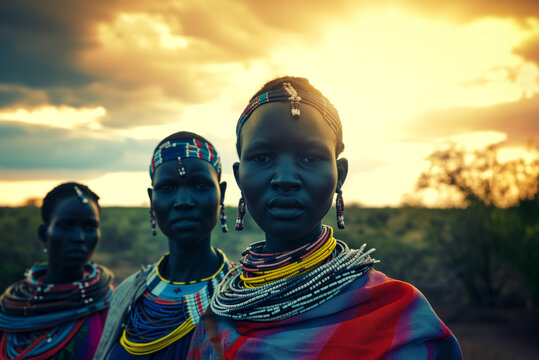 AI Generated Image of tribe of African women wearing traditional wear looking at camera