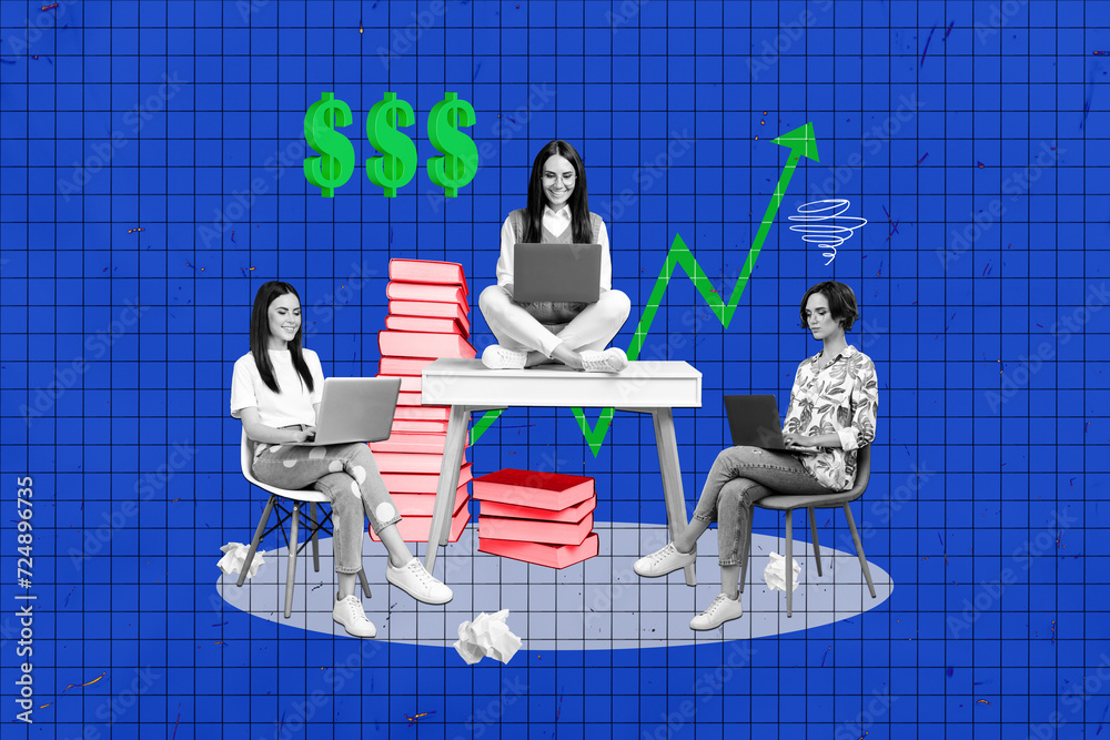 Aufkleber 3d retro abstract creative artwork template collage of busy ladies working in team achieving success