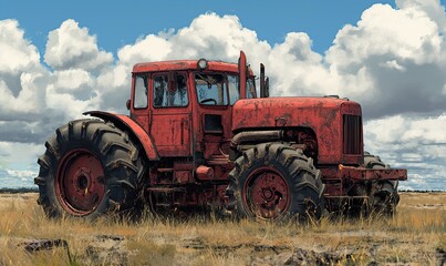 Tractor in a field in comic style.