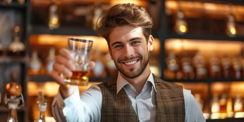 A young man toasting with a glass of whisky