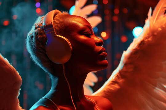 AI Generated Image of Androgenic short haired African American woman with headphones and angel wings enjoying music in night club
