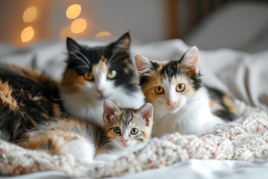 AI Generated Image Cute serene cat mother with kittens relaxing on a bed Mother’s Day concept