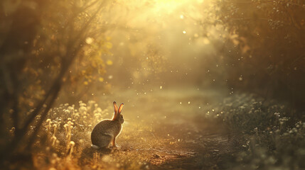Rabbit in Enchanted Sunset Forest, A serene rabbit in a mystical forest glade, bathed in the golden light of a setting sun