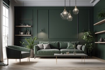 Mock up of a home's interior showing the living room's gray furniture against a green wall,