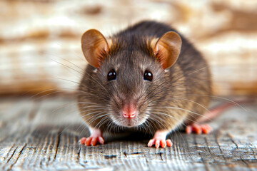 Rat with big whiskers and small black eyes stares directly at the camera.