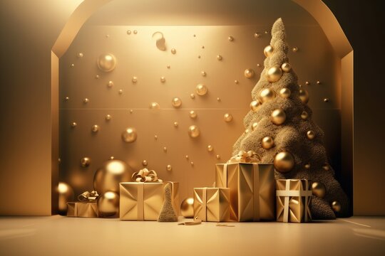 Background of a New Year's celebration indoors. Christmas tree, frame, and gift box made of gold. Illustration for Christmas and New Year's banners that is realistic
