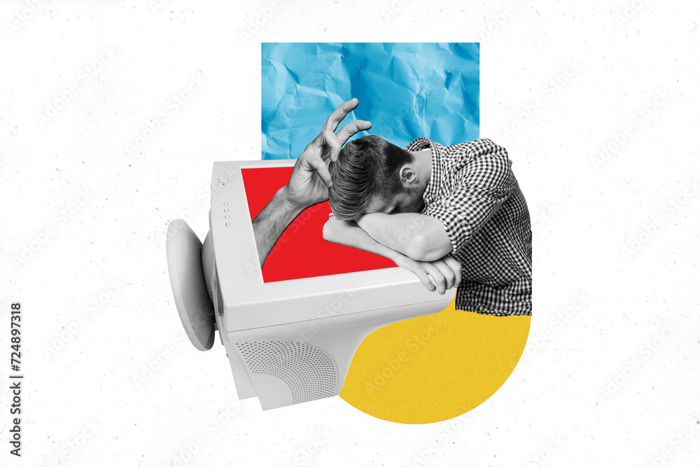 Wall mural collage picture image of tired exhausted man sleeping workplace isolated on drawing background