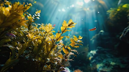 Fototapeta na wymiar Tropical Underwater vegetation with sun beam trough deep