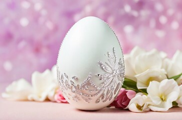 Fototapeta na wymiar White Easter egg decorated with rhinestones on floral pink baclground. AI generated
