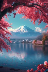 art of fuji mountains in japan, sakura pink leaves in nature generated ai - obrazy, fototapety, plakaty