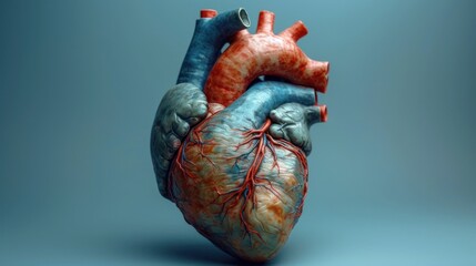  a human heart on a blue background with a red vein on the left side of the heart and a red vein on the right side of the left side of the heart.