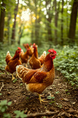 Group of chickens walking through forested area with green foliage surrounding them.