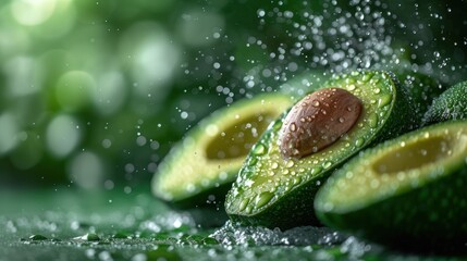  a close up of an avocado cut in half with water droplets on the top and on the bottom of the avocado's halves, on a green surface. - Powered by Adobe