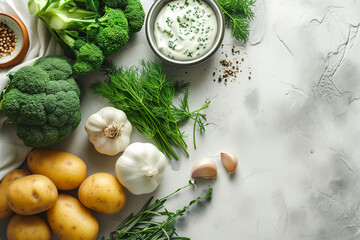 Fresh organic vegetables and herbs on white background Generative AI image