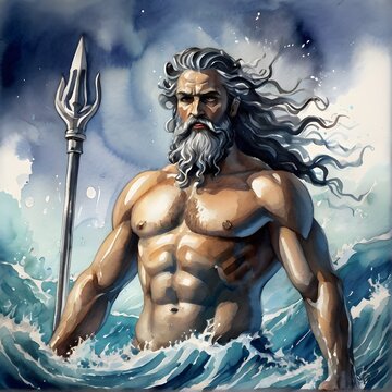Watercolor painting of Poseidon. the Greek god of the sea. Generative AI