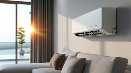 Fototapeta premium Adjusting temperature on air conditioner, Working air conditioner for comfort temperature in home at hot summer, cooling air in the room