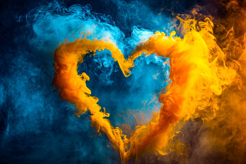 Blue and yellow heart is formed by two smoke rings coming together.