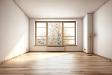 Fototapeta na wymiar Corner of an empty room with beige walls, a wooden floor, and two sizable windows offering a pleasant view. a mockup