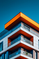 Building with blue and orange color scheme has many windows.
