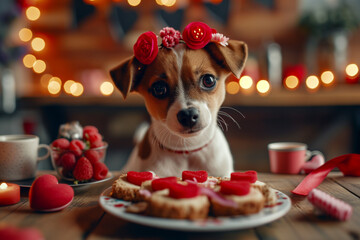Adorable puppy wearing a floral headband with treats Generative AI image