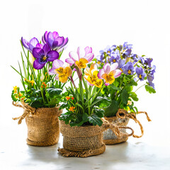 Colorful Potted Spring Flowers.  Rustic Floral Home Decor.