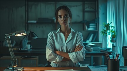 A professional woman stands confidently in her office late at night, embodying dedication and leadership in a corporate setting.