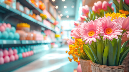 Pink Gerbera Flowers in Shopping Mall. Vibrant pink gerbera flowers in a mall with a soft-focus background.