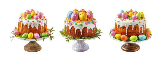 Set of Easter cakes adorned with pastel eggs and icing, with scattered eggs around iisolated