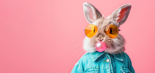 A stylish bunny in a denim shirt and sunglasses blowing a pink bubble gum bubble - obrazy, fototapety, plakaty