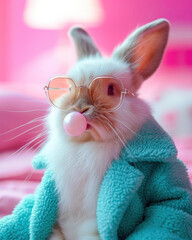 A stylish funny bunny in a jacket and sunglasses blowing a pink bubble gum bubble.