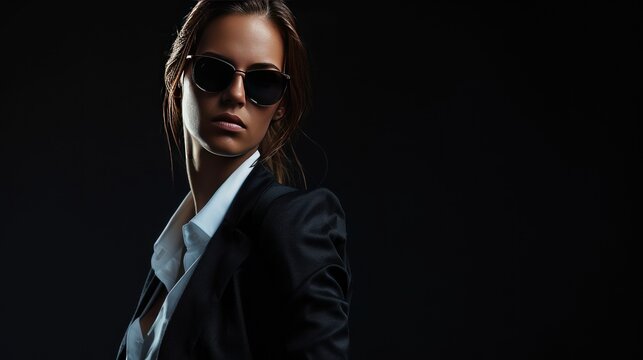 Secret agent style woman on black background AI generated image