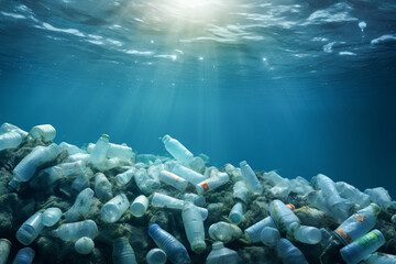 Alarming ocean pollution with plastic bottles. Generative AI image