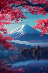 Fototapeta na wymiar art of fuji mountains in japan, sakura pink leaves in nature generated ai