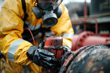 Generative AI illustration of a Man in Yellow and Black Suit and Gas Mask, Protecting Against Toxicity in the Factory